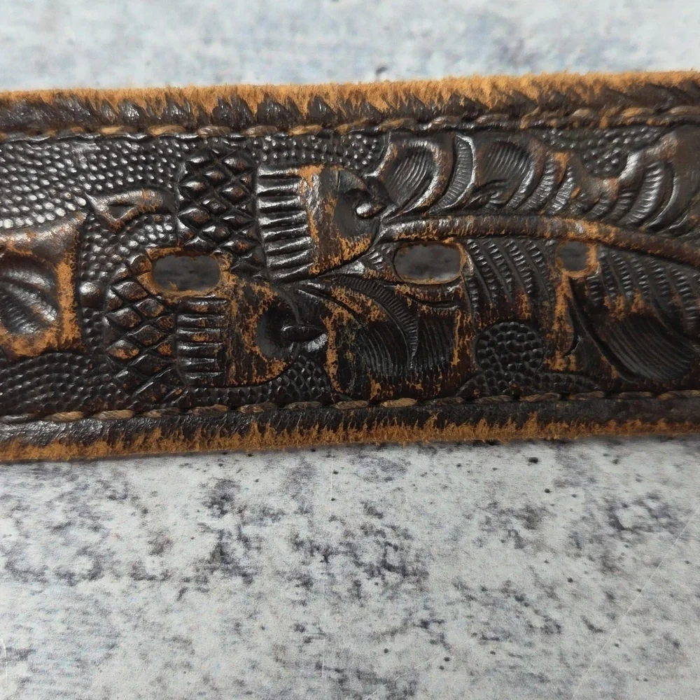 Vintage Textan Tooled Genuine Cowhide Leather Dark Brown Belt
